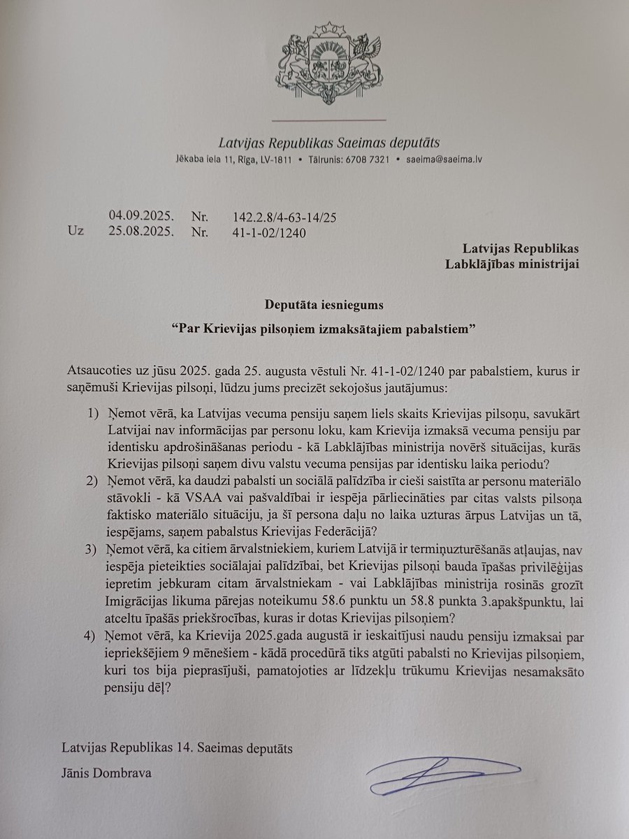 Labklājības ministrija sniedza atbildi, ka dažādos pabalstos un Latvijas pensiju maksājumos Krievijas pilsoņiem pusgada laikā ir izlietoti vairāk kā 10 miljoni eiro, tostarp aptuveni 1 miljons eiro tiek maksāts Krievijas pilsoņiem, lai viņiem būtu, kur dzīvot Latvijā (mājokļa
