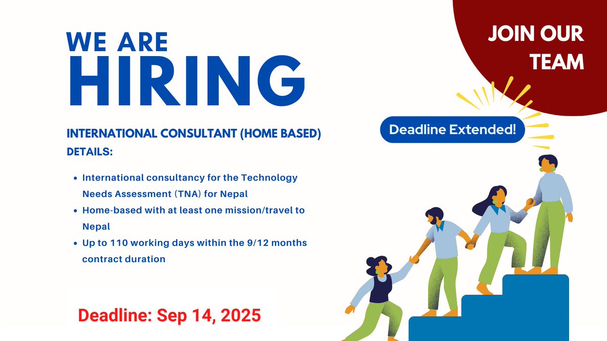 UNTechBank's tweet image. 📢Re-announcement: Consultant posts in #Nepal – deadline extended!

Apply now to join our team and support impactful work.

🗓️ New deadline: 14th September

👉Details &amp;amp; apply for national position: bit.ly/472owK4
👉Details &amp;amp; apply for international position:…