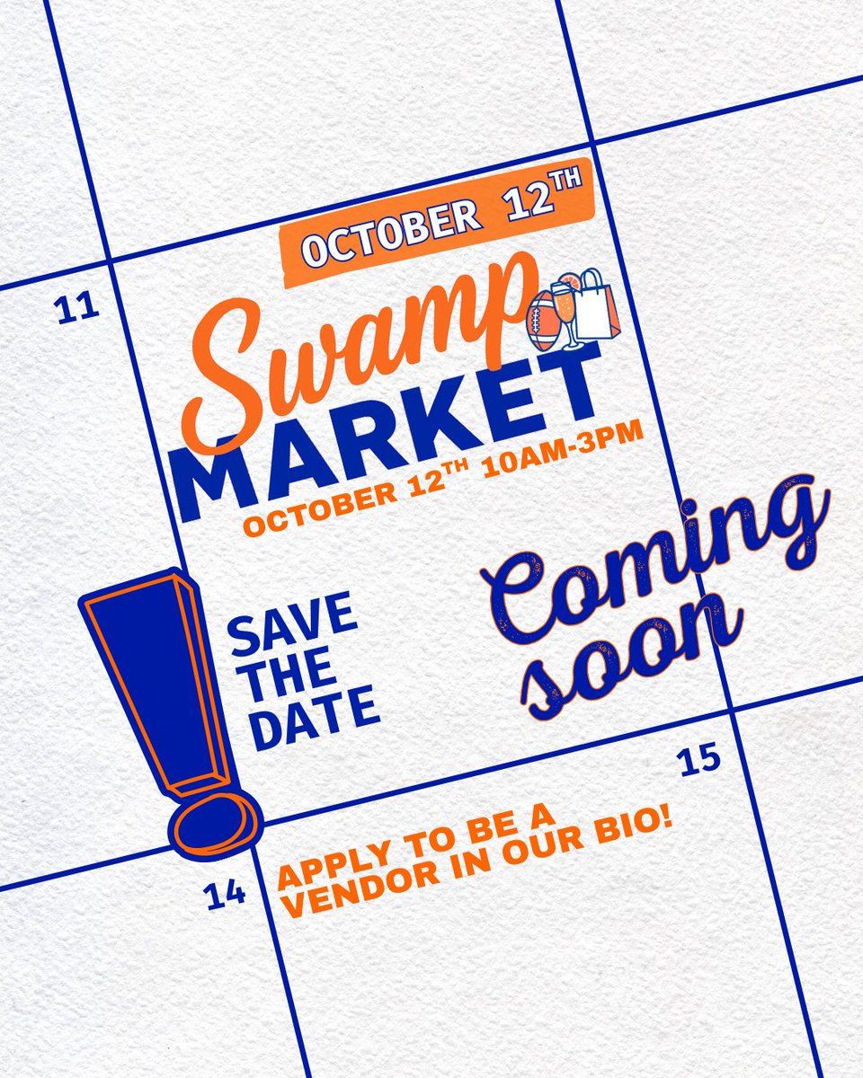 Save the date... Swamp Market is back Saturday, October 12th from 10AM–3PM! 🐊🏟️ 
Shop local vendors, sip on brunch cocktails, and soak up the gameday weekend energy right here at The Swamp. 🥂 

Vendor applications are now open, please apply through the link in our bio! #SYAS