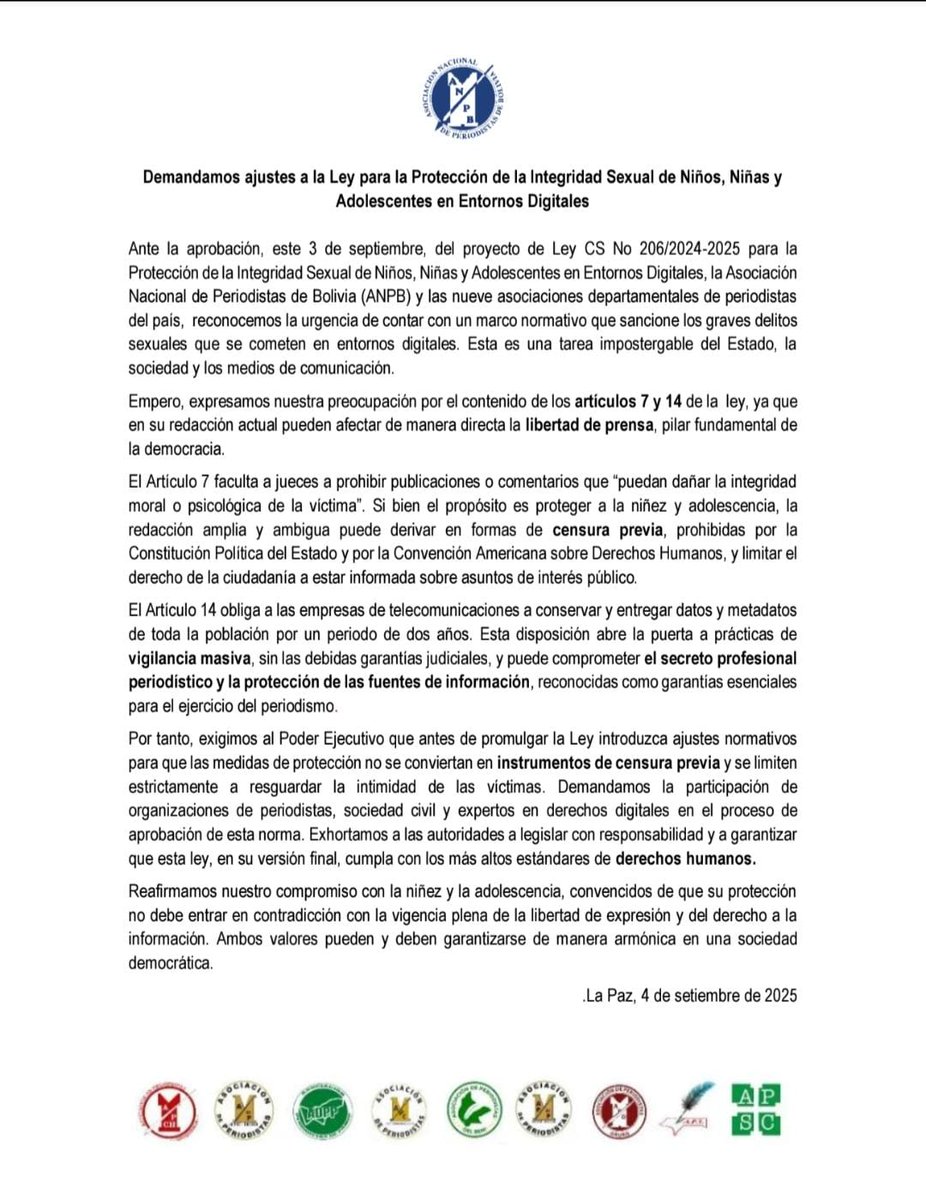 "Demandamos ajustes a la Ley de Protección de la Integridad Sexual de Niños en Entornos Digitales. Artículos pueden afectar libertad de prensa y secreto profesional periodístico. Exigimos cambios para garantizar derechos humanos y libertad de expresión. #LibertadDePrensa
