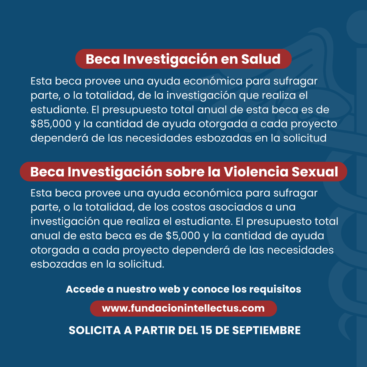 IntellectusPR's tweet image. Conoce las becas que próximamente estarán disponibles para estudiantes universitarios y de medicina. El 15 de septiembre abrimos la convocatoria para las becas de investigación:
- Investigación en Salud
- Investigación sobre la Violencia Sexual 
Accede a fundacionintellectus.com/becas/