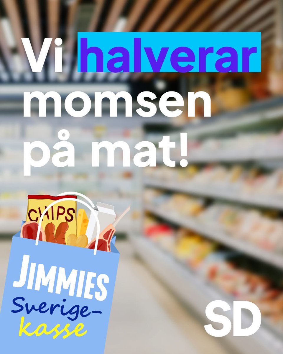 🛒 Vi halverar momsen på mat från 12 till 6 procent. 

Det betyder billigare matkassar för alla svenskar: ungefär 6 500 kronor per år för en vanlig barnfamilj och cirka 4 400 kronor för två pensionärer.