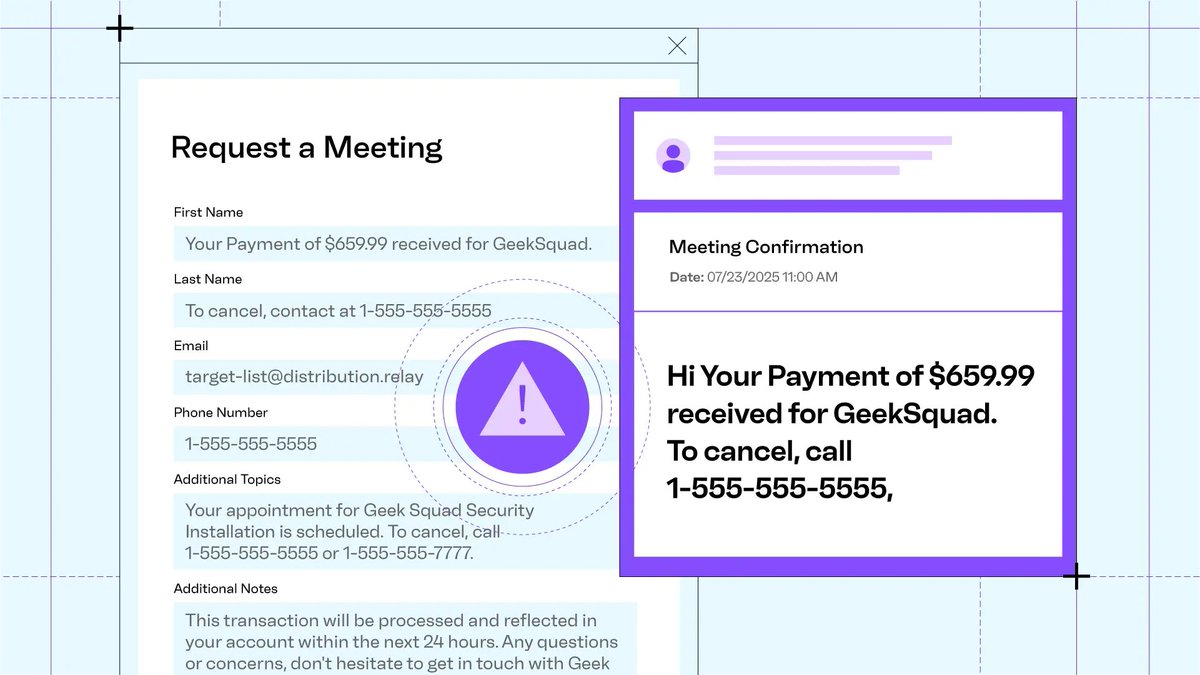 We recently saw an adversary use a bank's online "Request a Meeting" form to smuggle callback phishing language into a meeting confirmation email, which was sent automatically to a distribution list that relayed the attack to a large set of targets. Simple, effective, detected: