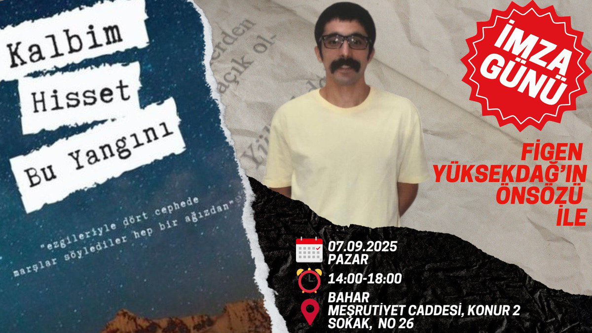 📢 Duyuru | İmza Günü!

📚  Özgür tutsak, devrimci şair Şafak Kılagöz'ün ''Kalbim Hisset Bu Yangını'' adlı şiir kitabının imza gününe tüm dostlarımız, halkımız davetlidir.

📅 07.09.2025 Pazar
⏰ 14:00-18:00
📍 Meşrutiyet Caddesi, Konur 2 Sokak, No 26 Çankaya/ANKARA (Bahar)
