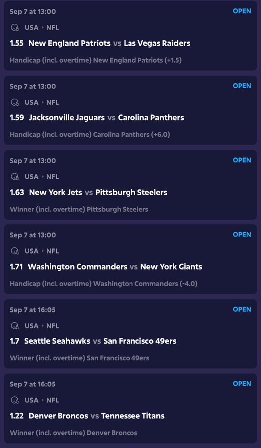 Roobet_In's tweet photo. Who’s winning, Who’s losing? #NFL #NFLKickoff
25$➡️38k$ (1537x)

🏈 Eagles (-6.5)
🏈 Chiefs ML
🏈 Cardinals ML
🏈 Buccaneers (+2.5)
🏈 Bengals ML
🏈 Dolphins (+3)
🏈 Patriots (+1.5)
🏈 Panthers (+6) https://t.co/7qrLZFL2Ui