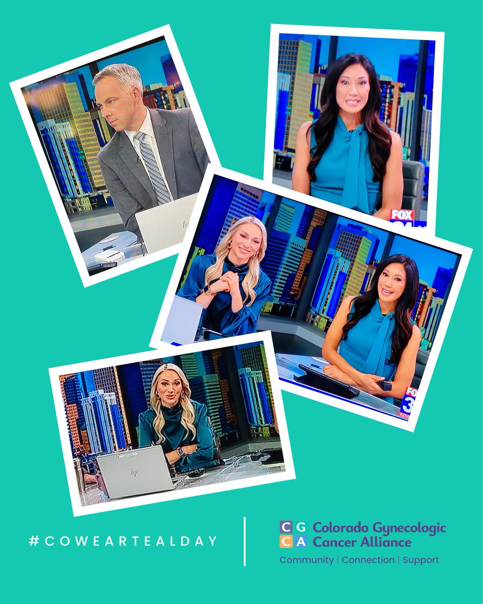 CGCAorg's tweet photo. Big thanks to the @fox31denver morning team for wearing teal on #COWearTealDay &amp; raising awareness about #OvarianCancer! Thank you @AndreaKDVR, @Genelle_Padilla and @KirkYuhnke! Awareness and early detection will save lives. #OvarianCancerAwarenessMonth https://t.co/9kSmm4NR0o