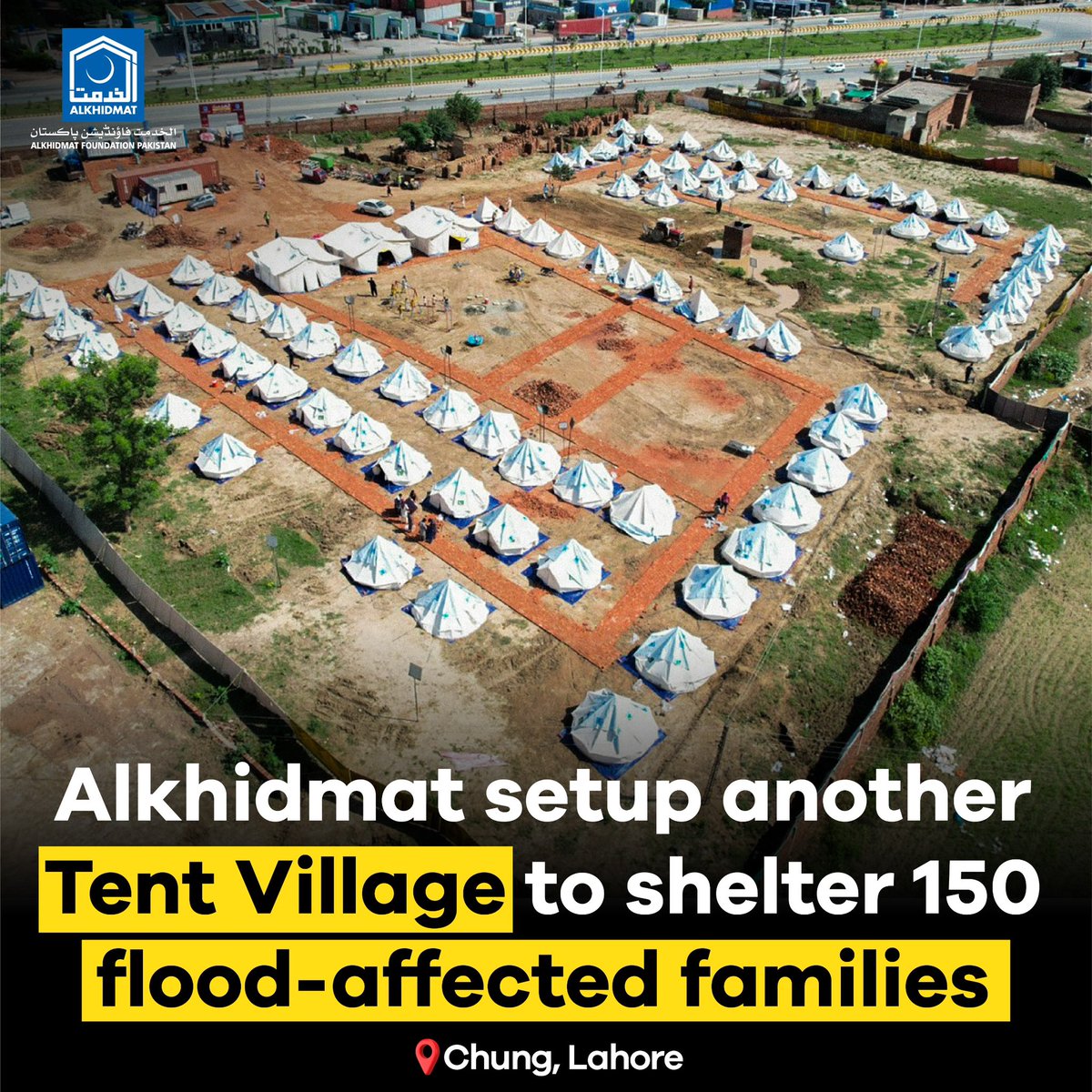 AlkhidmatOrg's tweet photo. Chung-Lahore: A new Alkhidmat Tent Village has been set up on 20 kanals of land for 150 flood-affected families.

In the tent village established in Chung, 150 families, including women and children, have been provided with relief supplies. The affectees will also be given cooked meals, clean drinking water, and medical aid. Alkhidmat continues to establish tent villages in different areas of Lahore for flood-affected families, and tent schools have also been set up to restore educational activities for affected children.

#AlkhidmatFloodResponse