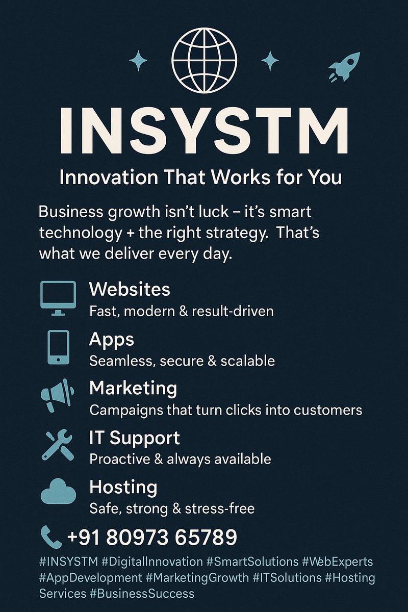 online_insystm's tweet image. 🚀 INSYSTM – Driving Digital Growth
Great businesses don’t wait for the future — they create it with tech.
💻 Websites | 📱 Apps | 📣 Marketing | 🛠️ IT Support | ☁️ Hosting
📞 +91 80973 65789 – Let’s unlock your growth today.
#INSYSTM #DigitalExcellence #FutureReady