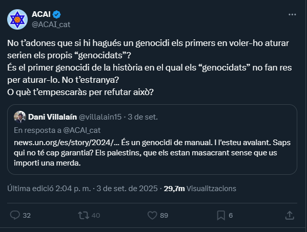 Veig molta gent preguntant-se qui hi ha d'arrere d'aquest compte de genocides.

Toni Florido Reyes (vull dir, no cal buscar gaire, el nai té entrevistes a TV3 com a "president"), un dels poquíssims hasbaristes catalans que realment és un asset d'Israel i cobra per la propaganda.