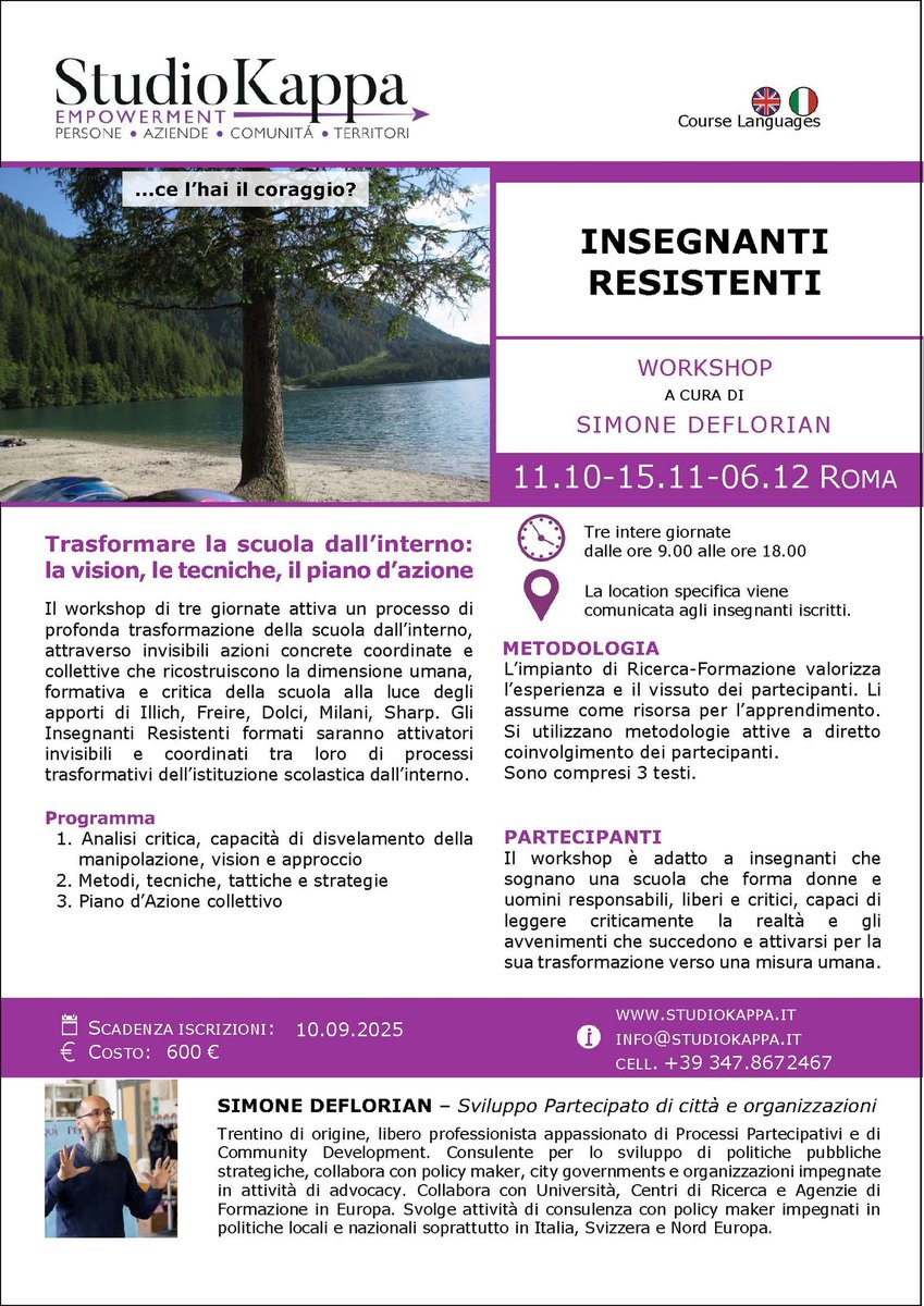 StudioKappa_it's tweet photo. INSEGNANTI RESISTENTI a Roma
Trasformare la scuola dall’interno: la vision, le tecniche, il piano d’azione
a cura di Simone Deflorian

11 Ottobre – 15 Novembre – 06 Dicembre 2025

Info: https://t.co/yPNhKKvqai

Iscriviti al Canale Telegram: https://t.co/x2np1InNwq https://t.co/1grSS8Hx0a