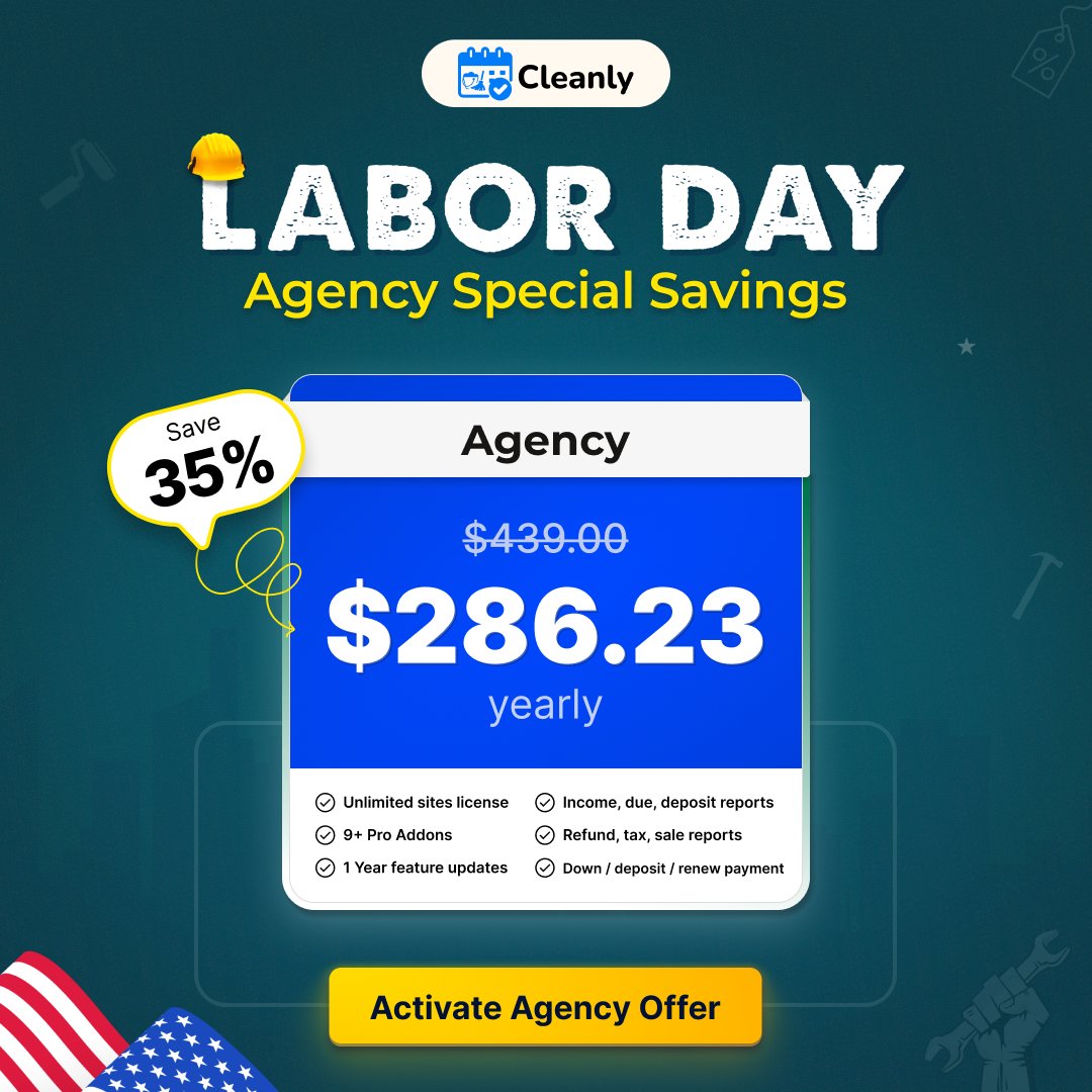 CleanlyBooking's tweet image. 📷Labor Day Agency Special – Save 35%
Take advantage of our exclusive Labor Day savings and elevate your business with the Cleanly Agency Plan.
Now only $286.23/year (regularly $439.00).
Secure your Agency Offer today and maximize your business efficiency: getcleanly.net/pricing/