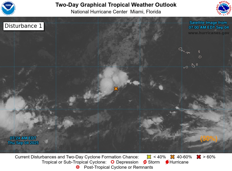 NHC_Atlantic's tweet photo. Sep 4 8AM: NHC continues to monitor a tropical wave over the eastern Atlantic that has a medium chance of development in next 48 h and a high chance of formation during the next 7 days. Stay up to date with the latest at https://t.co/tW4KeGdBFb https://t.co/Uh2yea5Up5