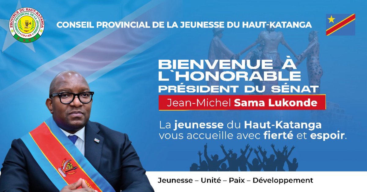 ConseilHa's tweet photo. Le @conseil_provincial_jeunesse_hk vous souhaite la bienvenue chez vous, L'HONORABLE PRÉSIDENT DU SÉNAT @LukondeSama , ce jeudi 04 septembre 2025 dans le Haut-Katanga.

Toute la jeunesse de la province vous soutient et porte votre vision. https://t.co/zwqSpGXjOi