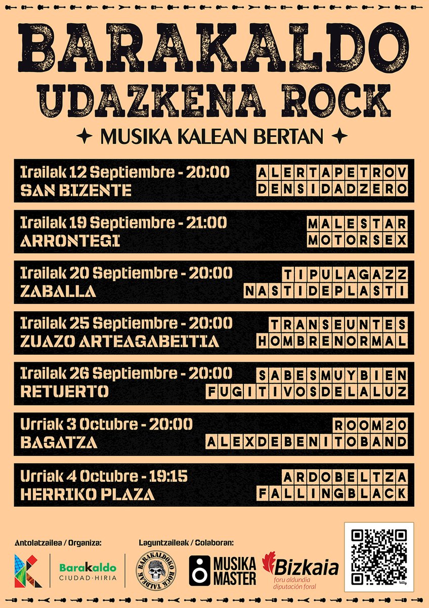 🎸 ¡Llega Barakaldo Udazkena Rock!

👉7 conciertos con 14 bandas locales que recorrerán nuestros barrios. 🔥

🗓️ Del 12 septiembre al 4 octubre. ⌚️ 20:00h. 🎵 2 grupos por día. 🤘

🔗 barakaldo.eus

#Barakaldo #UdazkenaRock #Música #Cultura