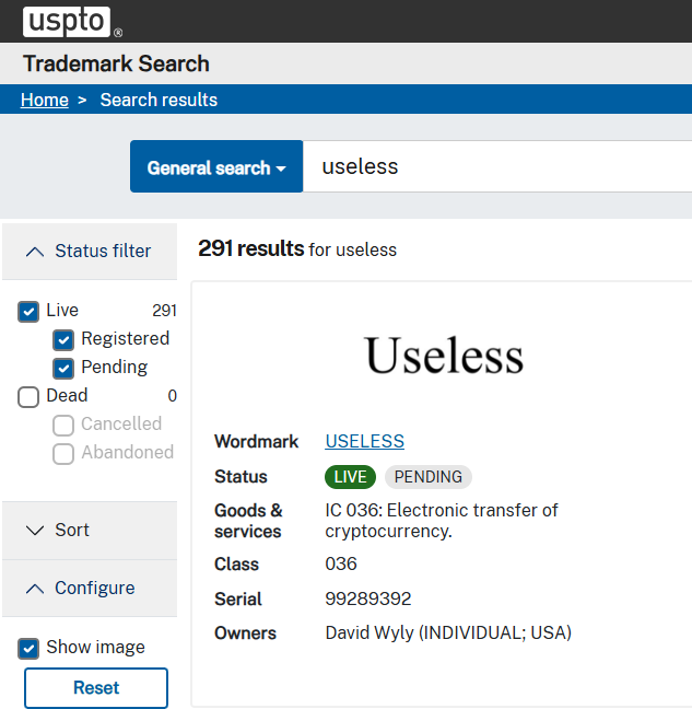 暗号通貨における Useless の USPTO 商標検索結果