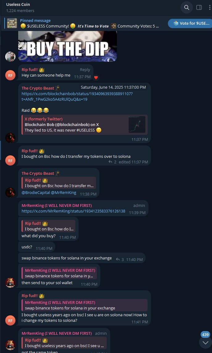 トークン移動について議論する Useless Coin の Telegram コミュニティチャットのスクリーンショット