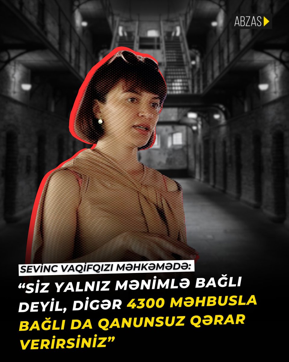 AbzasMedia's tweet photo. Sentyabrın 3-də Sabunçu Rayon Məhkəməsində “Abzas Media”nın həbsdə olan baş redaktoru Sevinc Vaqifqızının Bakı İstintaq Təcridxanasındakı saxlanma şəraiti ilə bağlı şikayətinə baxılıb.

Hakim Teymur Həsənovun sədrliyi ilə keçirilən prosesdə jurnalistin vəkili iştirak etməyib. Qarşı tərəfi isə təcridxananın təlim-tərbiyə işləri üzrə şöbəsinin inspektoru Şamil Süleymanov təmsil edib.

Məhkəmədə Sevinc Vaqifqızı bildirib ki, məhbusların saxlanıldığı otaqlar darısqal və havasızdır, su fasilələrlə verilir, saxlanma kameralarında qışda istilik, yayda isə soyutma sistemləri işləmir:

“Gün ərzində cəmi 2 saat soyuq su verilir. Həftədə 2 dəfə isti su verilir, o da saatladır. Otaq balacadır. Əslində Avropa penitensiar qaydalarına görə, hər adama 7 kvadrat metr ərazi düşməlidir, amma Bakı İstintaq Təcridxanasında bu, 4 kvadrat metrdən azdır”.
Vaqifqızı aclıq edərkən qeyri-insani şəraitdə saxlanıldıqlarını və pis rəftara məruz qaldıqlarını bildirib:

“Aclıq dönəmində məni həşəratlarla bol otağa salmışdılar. Duş sistemi yox idi, televizor işləmirdi. Sırf təzyiq üçün paltarlarım və dərmanlarım mənə verilmədi”.

Daha ətraflı: https://t.co/qS1McimQ6u