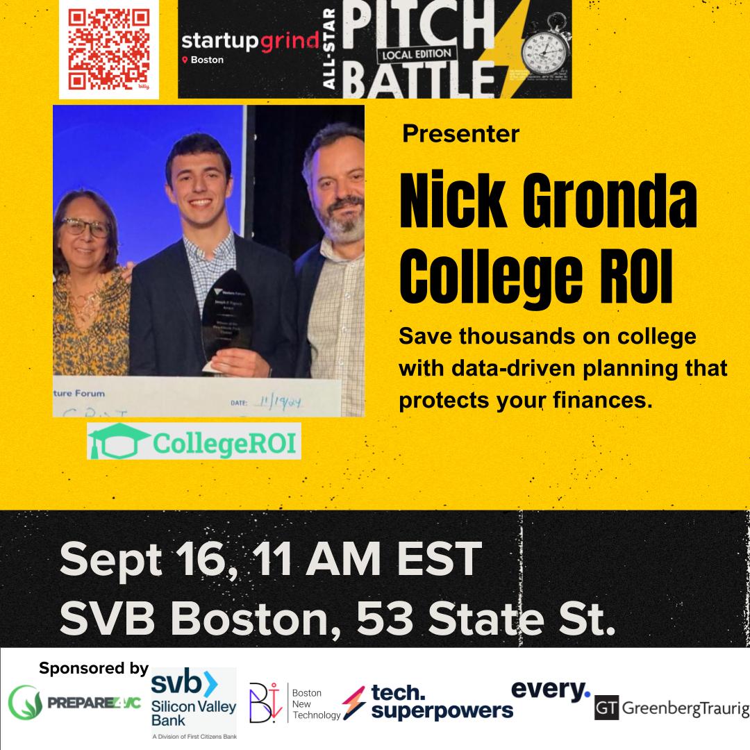 🎓 College ROI is pitching! They’re building a vertical-AI platform that replaces pricey, outdated advising with a personalized, affordable experience — think ZocDoc for college advising now and TurboTax for college finances next. 

📅 Sept 16 | 11 AM
🎟 startupgrind.com/boston