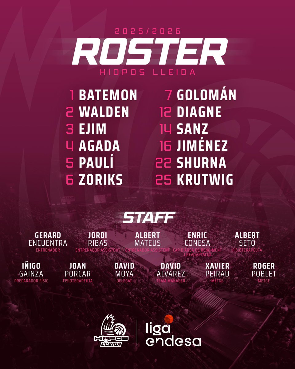 ROSTER HIOPOS LLEIDA
🏀 T. 2025-2026

🔢 Aquests són els dorsals oficials per a la #LigaEndesa i l’staff tècnic.

➕ Durant la pretemporada també hi seran Sergio Llorente (50) i Marc Garcia (51).

#ElBarrisShaDeViure #HioposLleida #Lleida #LigaEndesa