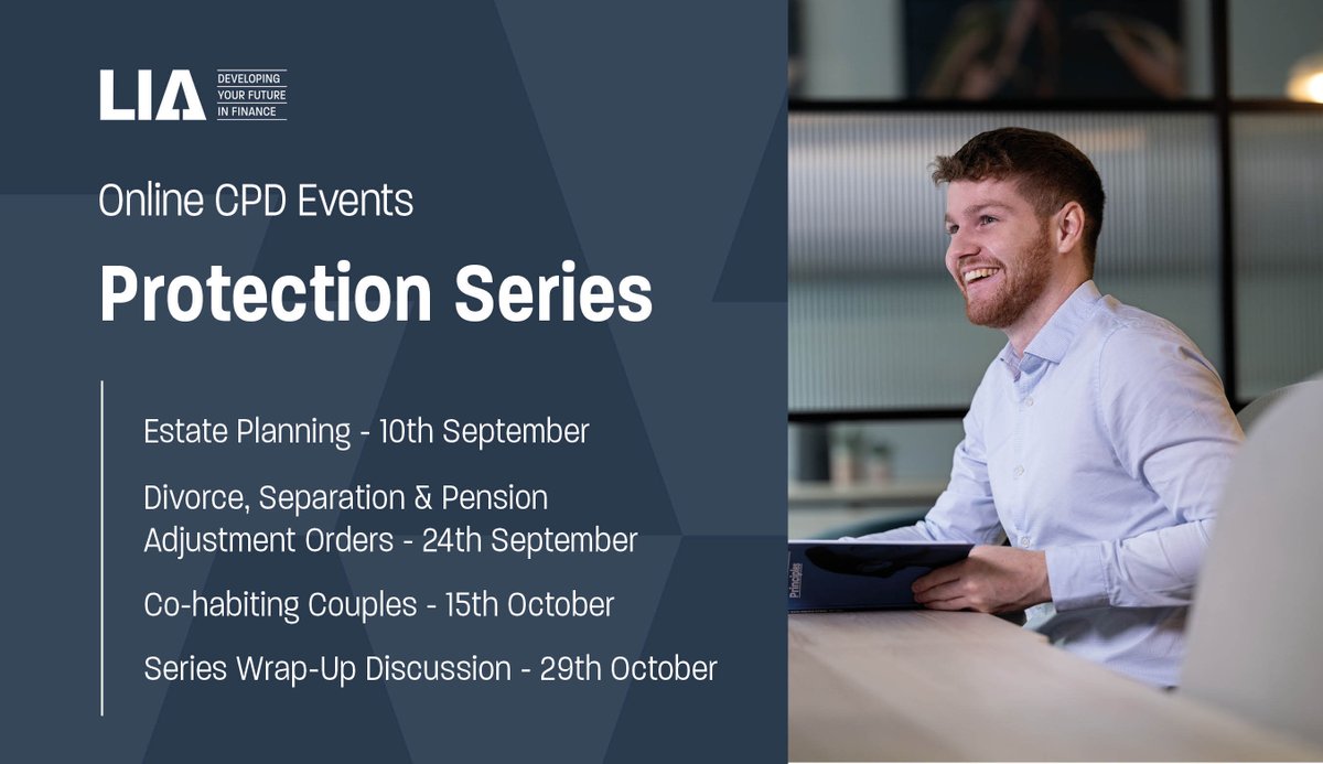 Don’t miss our Protection Series of CPD events! Packed with real-world insights, practical strategies, and actionable takeaways. 

1 hour CPD per session
Explore and register here: eu1.hubs.ly/H0mPxbd0 

#LIA #Finance #ProfessionalDevelopment #Education #CPD #ProtectionSeries