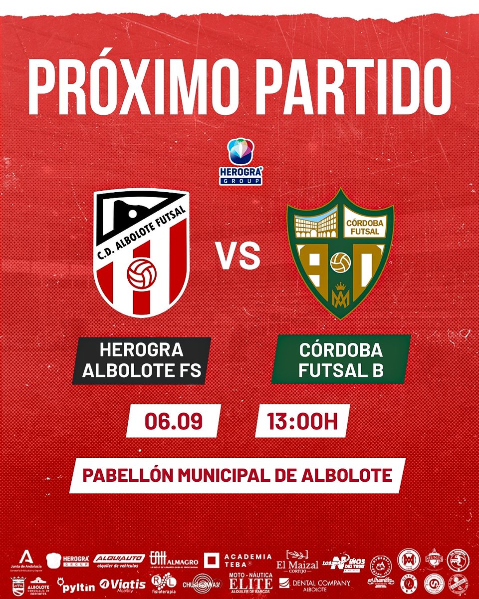 🔜 𝗣𝗥𝗢𝗫𝗜𝗠𝗢 𝗣𝗔𝗥𝗧𝗜𝗗𝗢 | El HEROGRA Albolote FS recibirá este sábado al Córdoba FS B para disputar un amistoso en el Pabellón Municipal de Albolote a las 13:00h.

✊🏻 Una buena prueba para seguir cogiendo ritmo de cara a la próxima temporada.

#SomosAFS #VamosAlbolote