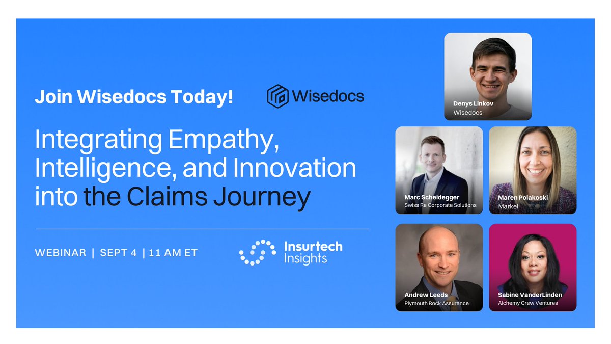 Wisedocsai's tweet image. Happening today ⚡ @denyslinkov, Head of ML at #Wisedocs, joins industry leaders at the @ITI_Insurtech webinar Integrating #Empathy, #Intelligence, and #Innovation into the #ClaimsJourney.

📅 Sept 4 | 🕓 4 PM BST / 11 AM EDT
👉 Register now: hubs.ly/Q03G5YKG0