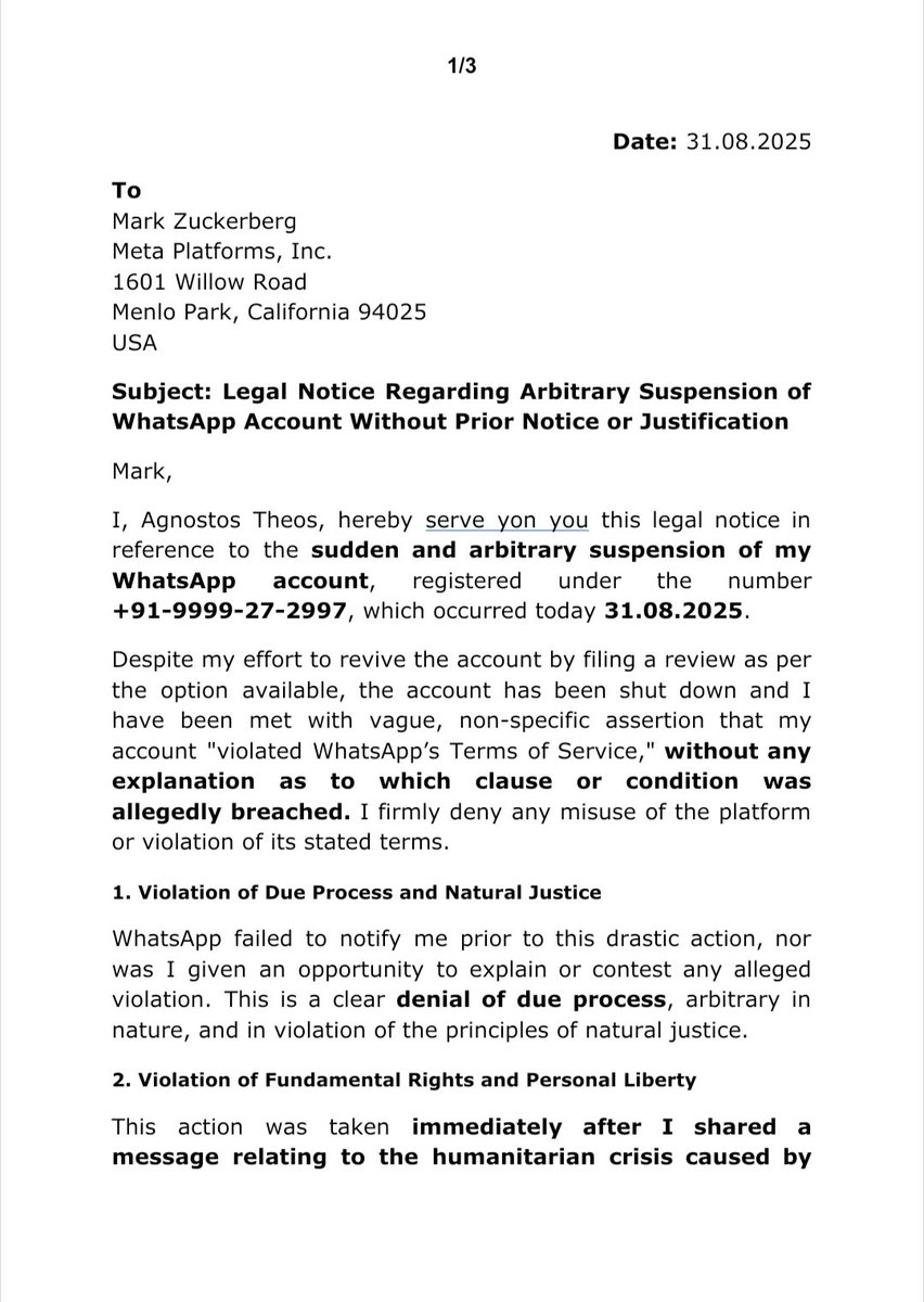 tsccworld's tweet photo. We served a legal notice on @MarkZuckss of @Meta for the arbitrary blocking of the WhatsApp number.

@Meta is using it's platform to suppress voices &amp; fundamental rights in #India &amp; we will take this up appropriately in legal forums as well.

@facebook @elonmusk @realDonaldTrump https://t.co/knp3r30Us1