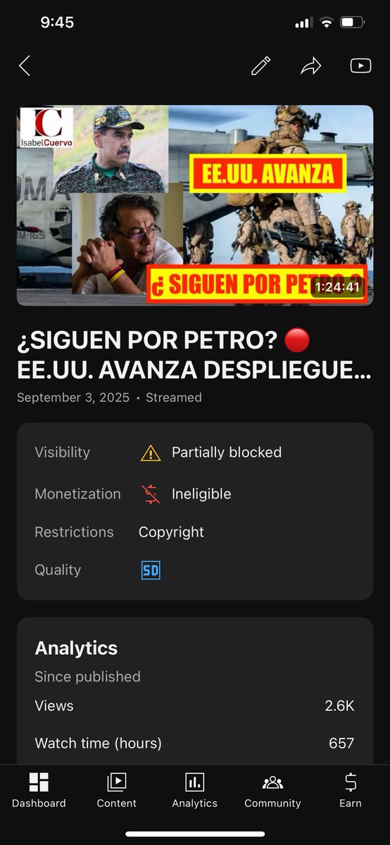 isabelcuervo's tweet photo. Estimados amigos, mi programa de ayer fue bloqueado para su visualización en algunas partes del mundo y desmonetizado, desde antes de que lo terminara. 

Según YouTube las imágenes del hundimiento del barco, por parte de la armada estadounidense, pertenecen a una serie de TV. (no es un chiste)
Quisiera recordar que fueron entregadas por el Pentágono, certificadas por el mismo Presidente Trump y son silentes, no les agregué ninguna música, las reproduje tal cual. (YT dijo que tenían musica que debían restringir) 

No obstante, tuve que autorizar que cortaran partes del programa que realicé con el Comandante Jesús Romero, ex Subdirector de inteligencia de las Fuerzas Navales del Comando Sur de los EE UU. para poder conservar gran parte de la entrevista. 

Ya está visible el programa en mi canal, por si deseas pasar, mirar y escuchar el PELIGROSO programa. 

Isabel Cuervo te dice, lo que los medios callan.