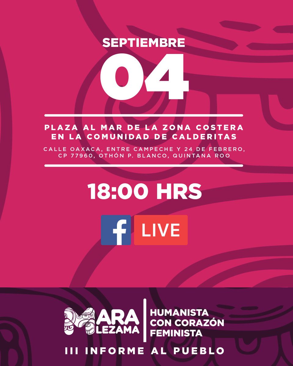 Queridas y queridos quintanarroenses, les invito a acompañarme en el #3erInforme al Pueblo de este gobierno #HumanistaConCorazónFeminista 🩷💪🏽.

La transmisión será #EnVivo por Facebook Live, a partir de las 18:00 hrs. Desde Calderitas compartiré con ustedes los logros, avances y