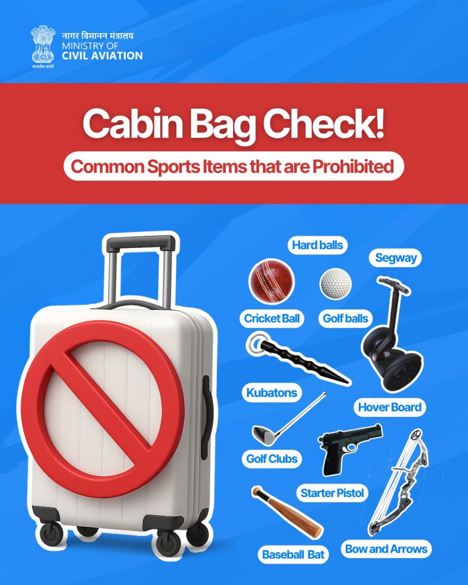 aailbrairport's tweet image. Smooth journey ahead! Keep sports items out of cabin baggage due to security regulations. Check detailed baggage guidelines before flying! #FlightTips #CabinBaggage