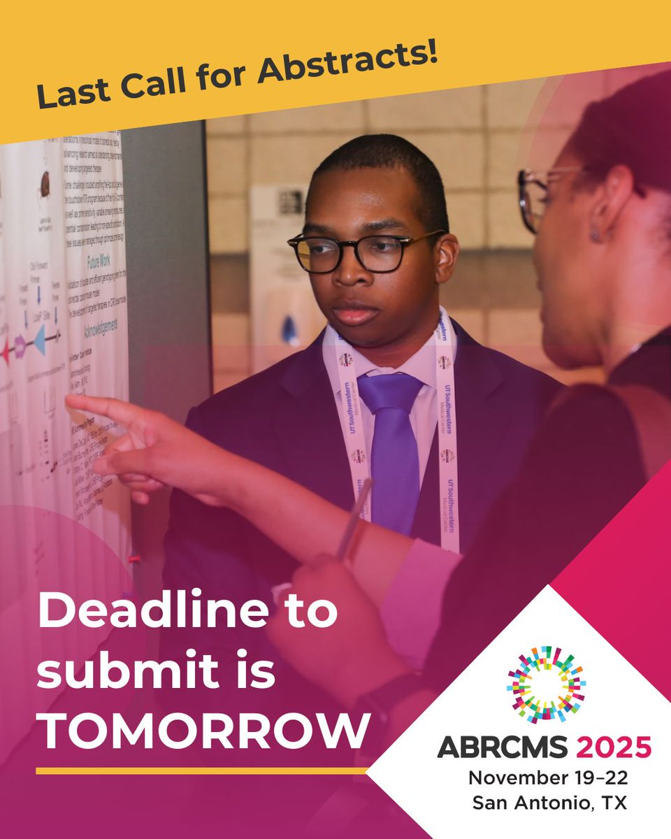 🚨 Reminder: Student Travel Award applications and abstract submissions are due TOMORROW!

Student Travel Awards can help cover the cost of attending the conference. This year's travel award application is part of your abstract submission: abrcms.org/present-at-abr… 

#ABRCMS2025