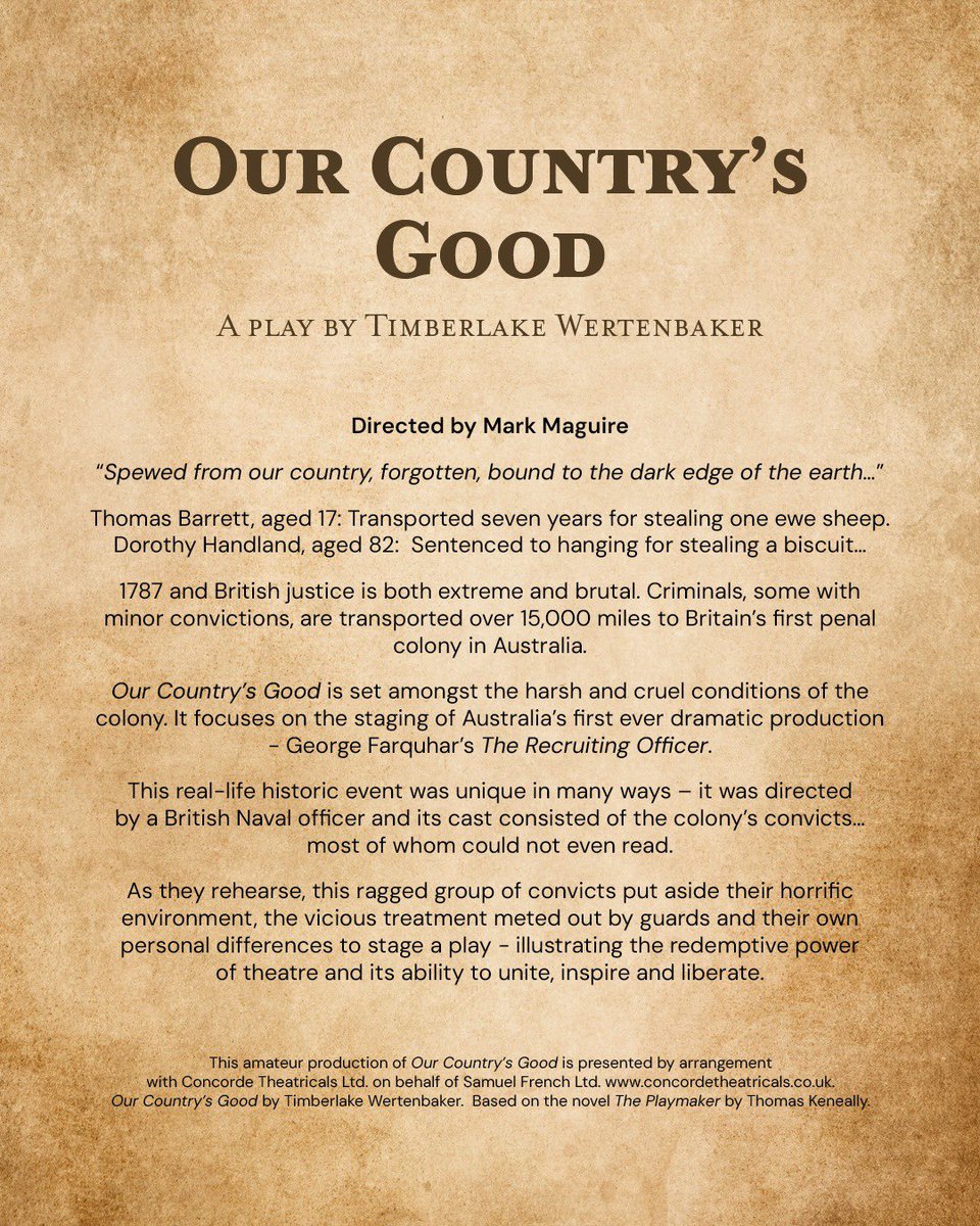 Exciting news!! 📣
The amazing artwork for the Pinner Players November 2025 production of Our Country’s Good is here! 🤩

SAVE THE DATE!
Tickets go on sale for this incredible show on 6th October! 🎟️

#pinnerplayers #OurCountrysGood #TimberlakeWertenbaker #pinner #amdram