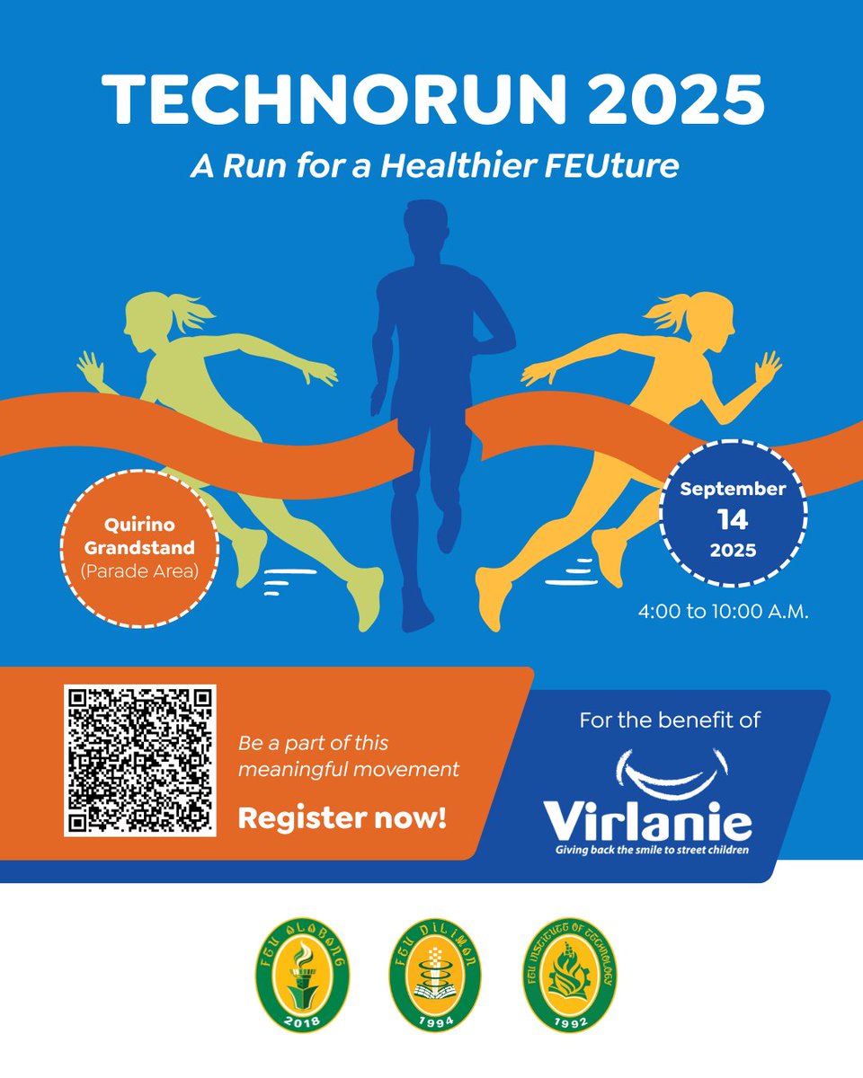 (1) 

Run for a Cause, Run for the Children! 💙

Be part of TechnoRun 2025, powered by <a href="/FEUAlabang/">FEU Alabang</a>, @FEUDiliman and <a href="/FEUTechOfficial/">FEU Tech</a>, in support of Virlanie Foundation.
 
September 14, 2025
Quirino Grandstand, Parade Area
4:00-10:00 A.M.