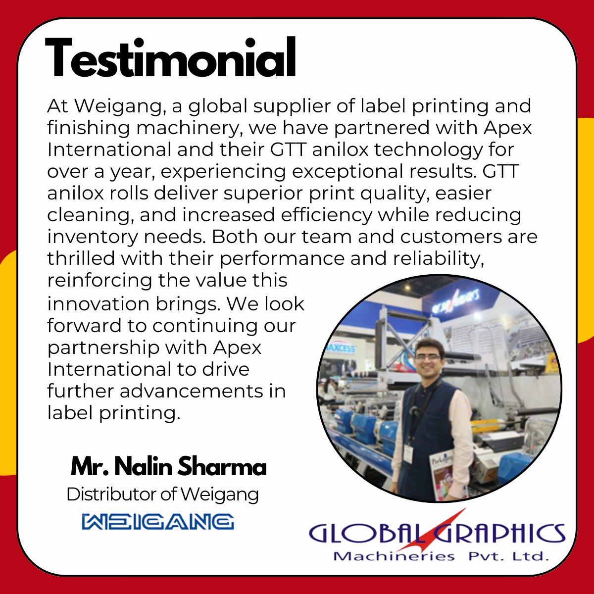 💡 Weigang &amp; Apex: A Perfect Partnership

Weigang has experienced exceptional results with GTT anilox technology—enhancing print quality, improving efficiency, and simplifying cleaning. A game-changer in label printing! 🚀

#LabelPrinting #ApexInnovation #PrintingSolutions