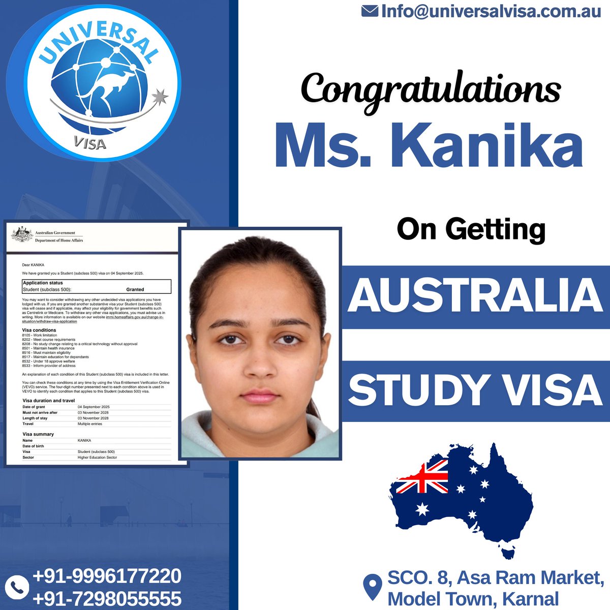 universalvisa11's tweet photo. 𝐎𝐍𝐄 𝐌𝐎𝐑𝐄 𝐀𝐔𝐒𝐓𝐑𝐀𝐋𝐈𝐀 𝐒𝐓𝐔𝐃𝐘 𝐕𝐈𝐒𝐀🇦🇺🇦🇺🇦🇺🇦🇺🥳🥳

Congratulations To Our Client On Getting "AUSTRALIA STUDY VISA🇦🇺🇦🇺". We Wish You Good Luck For Your Future. 

If You Also Want To Study/Settle/Work in AUSTRALIA, Then Contact Us Today @universalvisa https://t.co/70PjZAGwcw