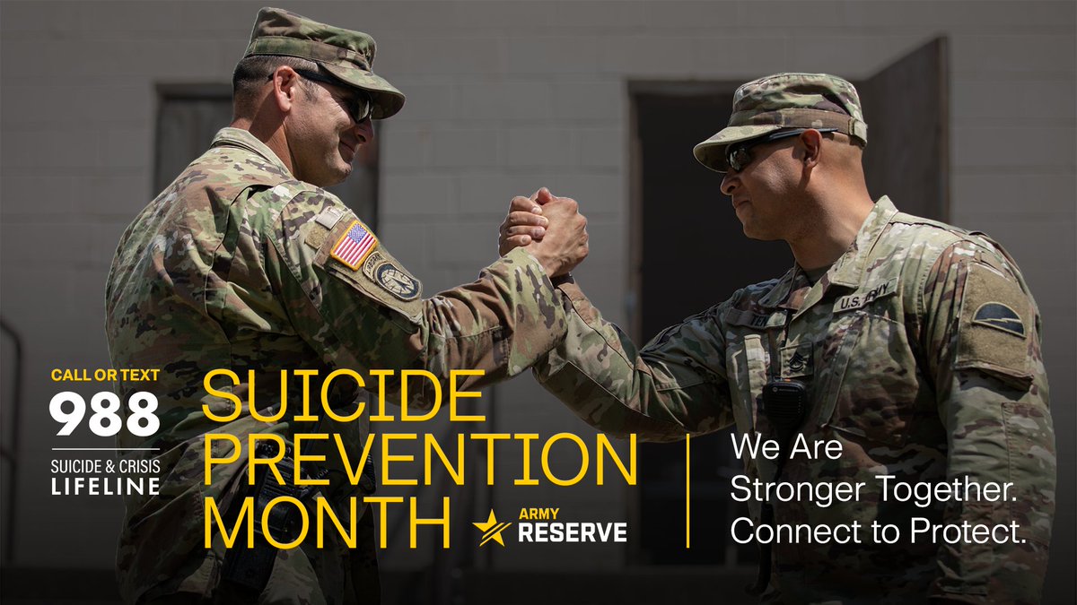 We Are #StrongerTogether. Connect to Protect. 💛

This #SuicidePreventionMonth, let’s stand united to support one another. If you or someone you know is struggling, call or text 988 to connect with the Suicide &amp; Crisis Lifeline.

#USArmyReserve 
@usarmy