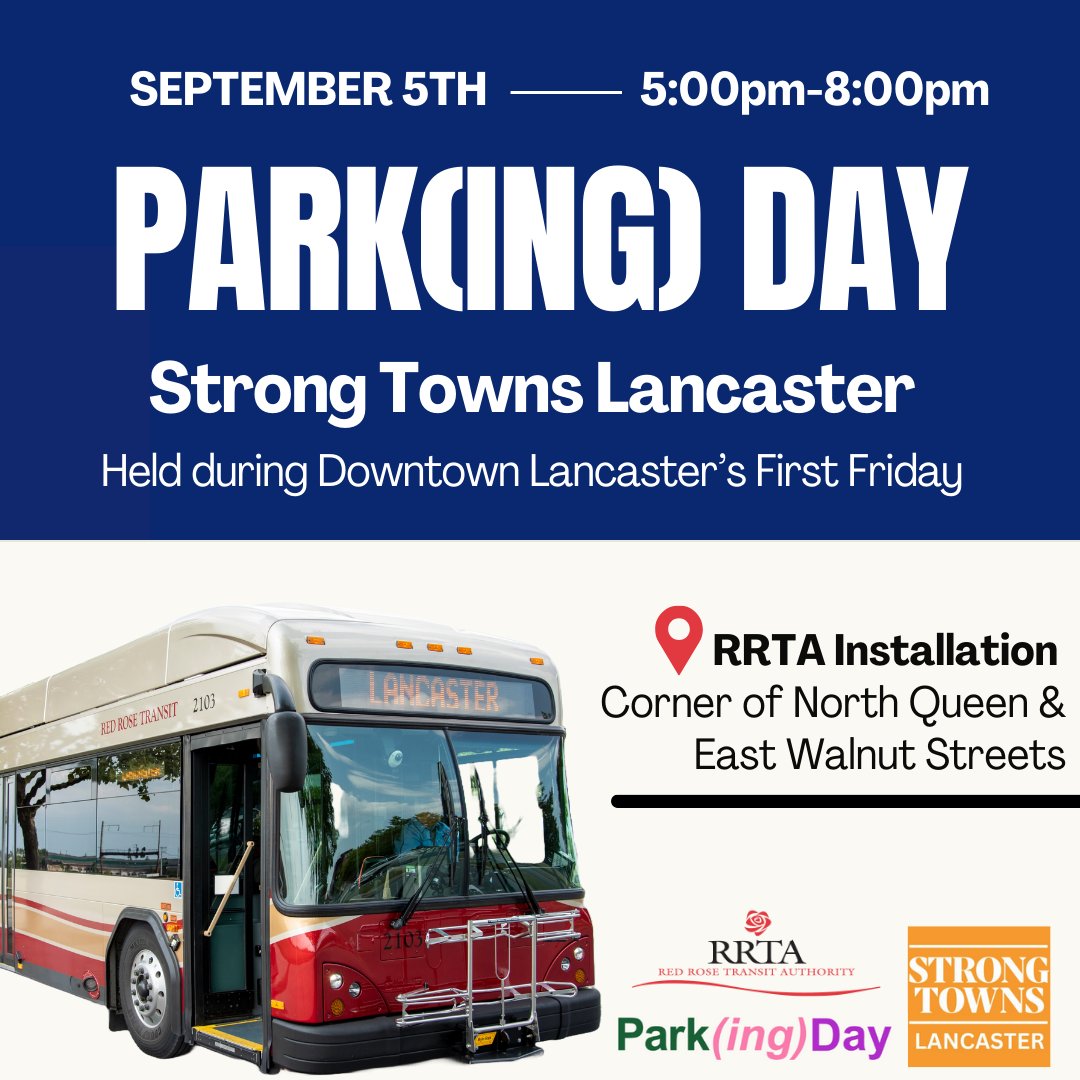 Red Rose Transit (@redrosetransit) on Twitter photo Come visit RRTA at Strong Towns Lancaster’s Park(ing) Day event tomorrow night during Downtown Lancaster’s First Friday!
RRTA’s Park(ing) Day display will be located at the corner of North Queen & East Walnut Streets from 5pm-8pm🚌🙌 Come visit RRTA at Strong Towns Lancaster’s Park(ing) Day event tomorrow night during Downtown Lancaster’s First Friday!
RRTA’s Park(ing) Day display will be located at the corner of North Queen & East Walnut Streets from 5pm-8pm🚌🙌