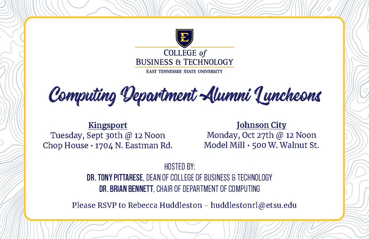 CbatDean's tweet photo. @ComputingETSU ETSU Department of Computing alumni, please join us at one of the following lunch events. Here about new things going on in the department and have a great lunch with friends. https://t.co/3HDtCMSauU