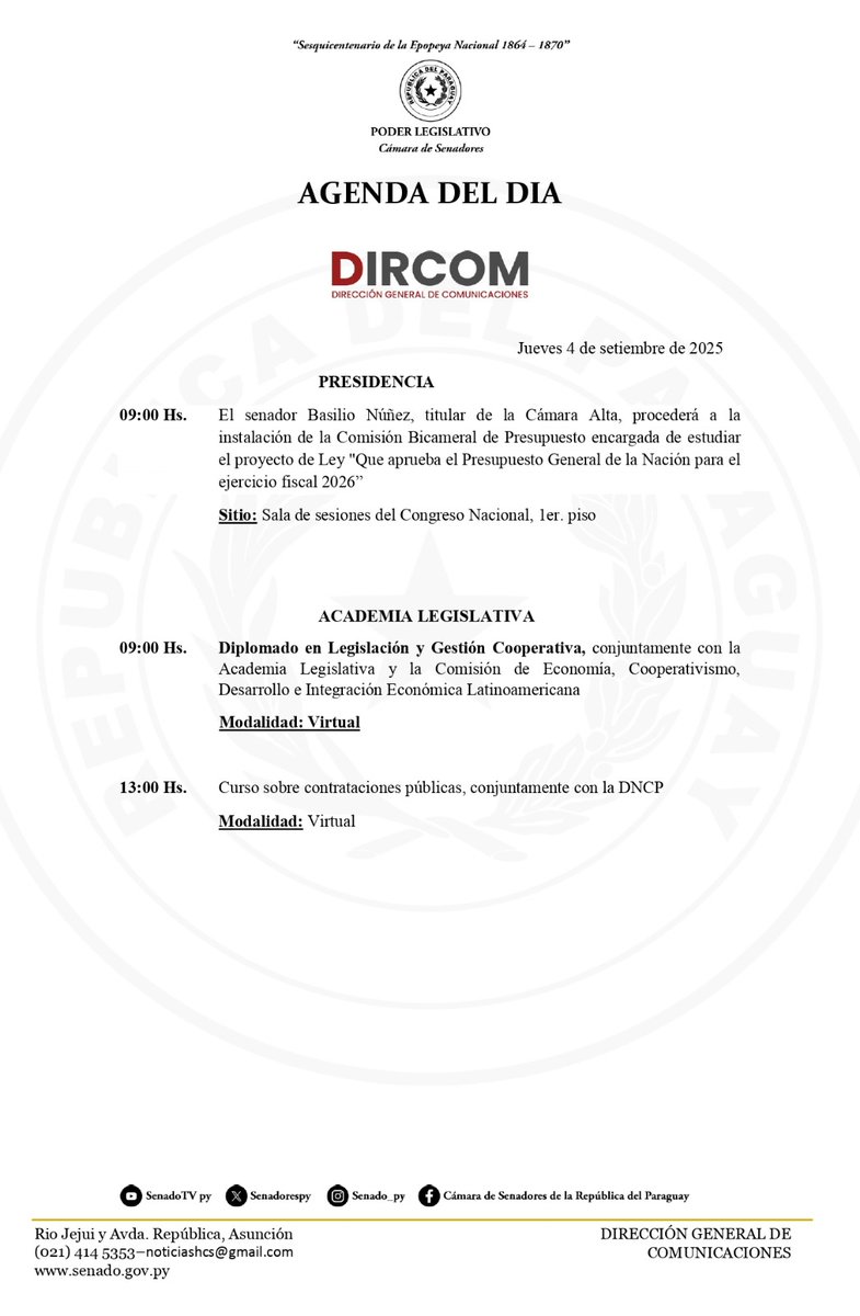 La Cámara de <a href="/SenadoresPy/">SenadoPy</a>, en la jornada de hoy registra estas actividades en su agenda.

__
🗓️#AgendaSenado| Jueves 04/Septiembre