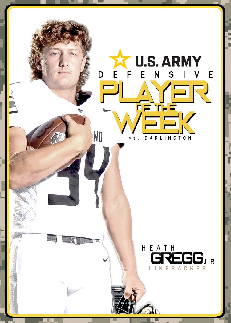 Congrats to our US ARMY Defensive Player of the Week <a href="/HeathGreggJr1/">Heath Gregg Jr</a> for his performance vs Darlington in Game 3 <a href="/RecruitGeorgia/">Recruit Georgia</a> <a href="/NwGaFootball/">NwGa Football</a> <a href="/LaquentinTaylor/">LaQuentin Taylor</a>