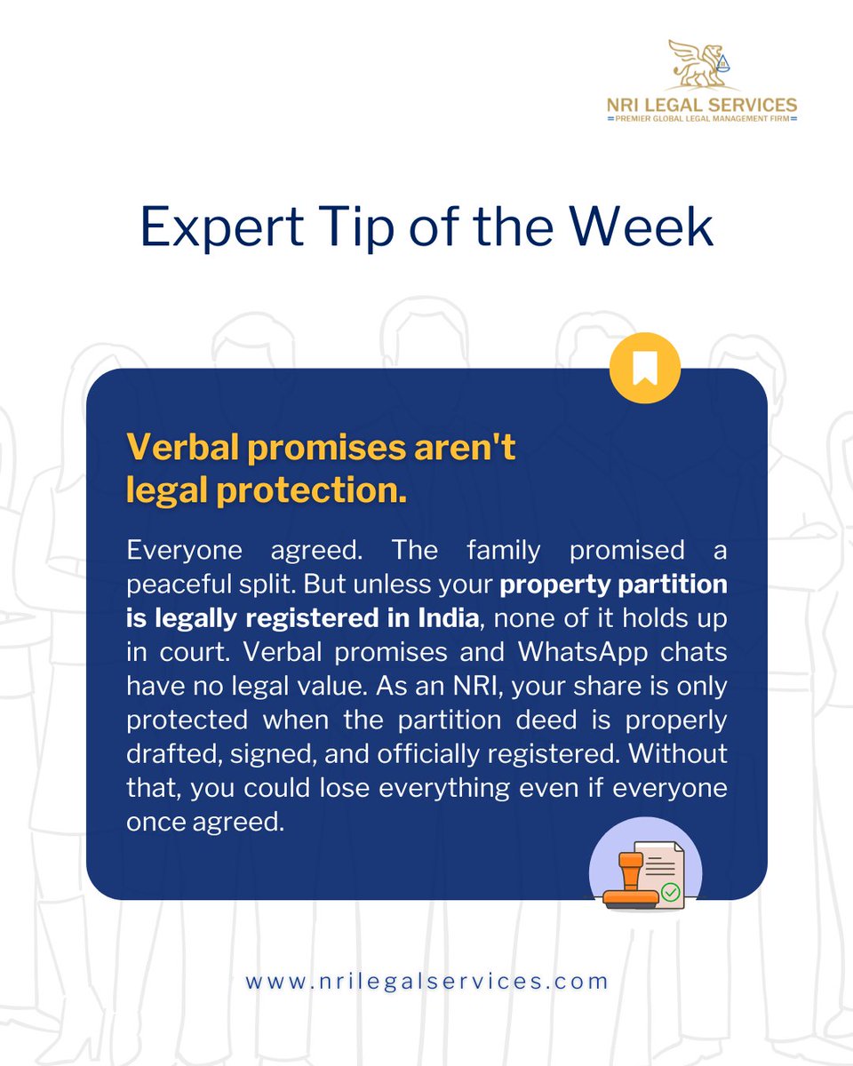 NRILegal's tweet image. Everyone “agreed” who gets what in the family. But in #India, verbal promises don’t count.
If your #PropertyPartition isn’t registered, it’s not legally yours.
✍️ Draft. Sign. Register.
Protect your share and your peace.
🌐nrilegalservices.com

#NRIs #NRILegalServices #LawFirm