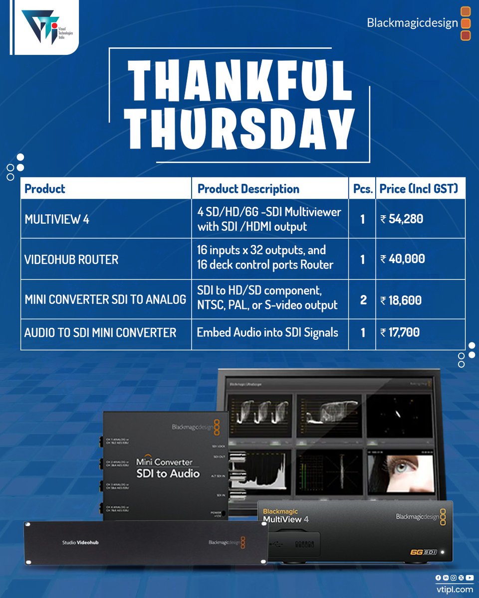Thankful Thursday Deals are here!

Get the best <a href="/Blackmagic_News/">Blackmagic Design</a> Design products at special prices this week only. Don’t miss out! ✨

#BroadcastSolutions #ProAV #VideoProduction #MediaTechnology #AVSolutions #BroadcastGear #StudioSetup #Vtipl