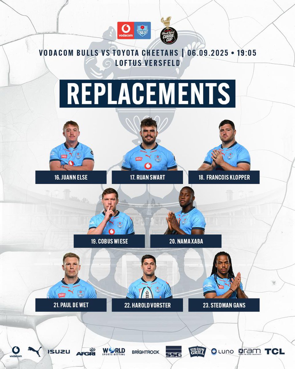 YOUR team to lock horns on Saturday 🐂 

🐂 Vodacom Bulls vs Toyota Cheetahs
📅 6 Sept | ⏰ 19:05 | 📍 Loftus Versfeld

🎟️ TICKETS: linktr.ee/vodacombulls 

<a href="/Vodacom/">Vodacom</a> | <a href="/TheCurrieCup/">The Carling Currie Cup</a> 

#UNCENSORED