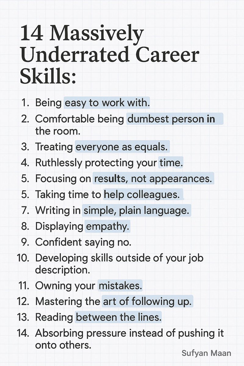 sufyanmaan's tweet image. 14 Career Skills No One Teaches You

But they separate the good from the great.

No fancy degrees.
No paid courses.