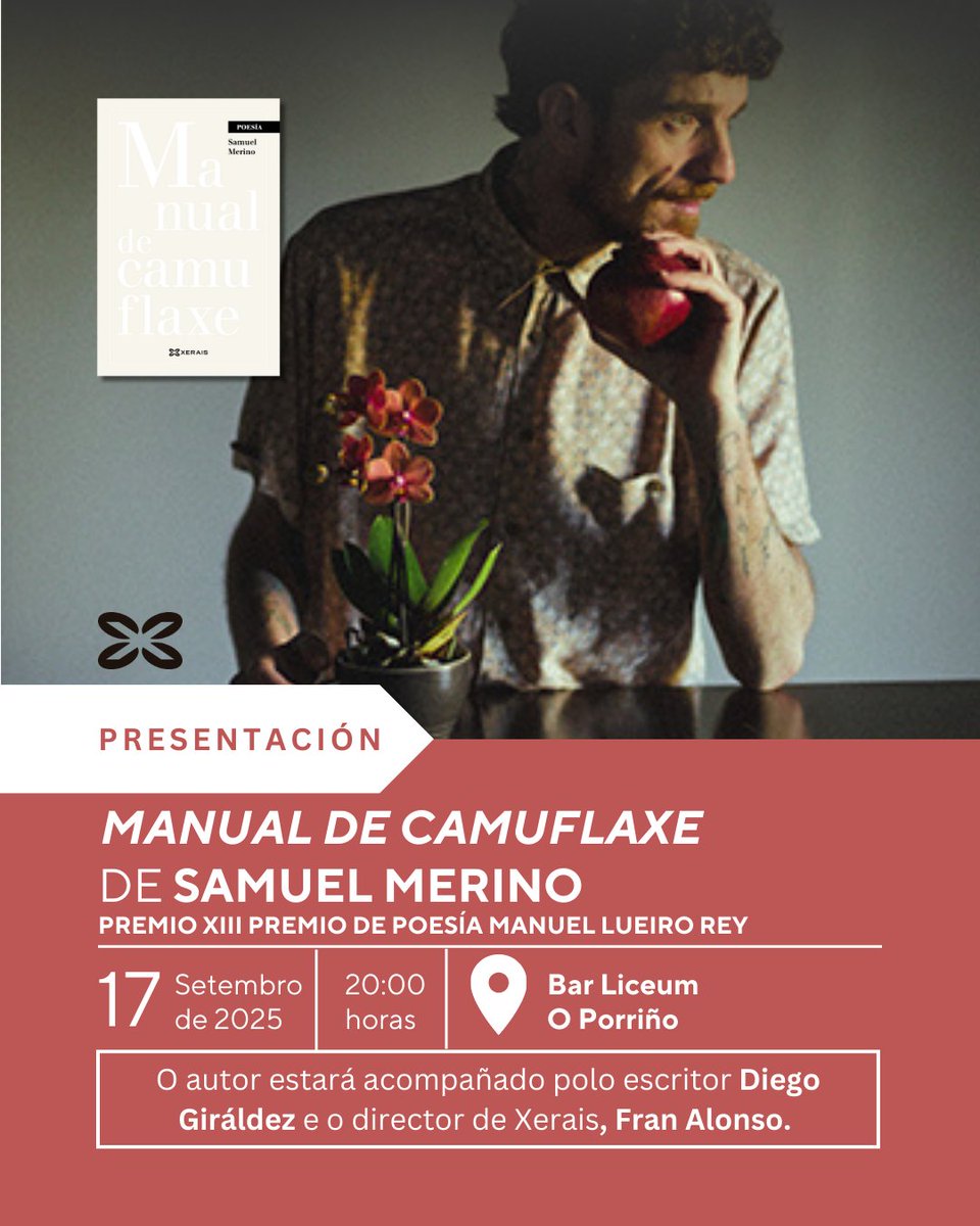 Samuel Merino presenta o próximo mércores o seu poemario Manual de camuflaxe no Bar Liceum do Porriño. A obra acadou o XIII Premio de Poesía Manuel Lueiro Rey.