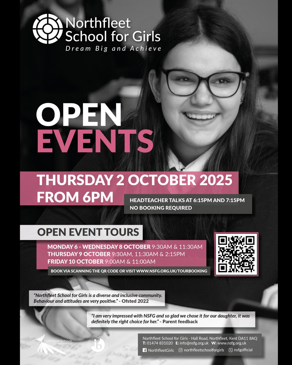 🚨We are pleased to announce our Open Events for prospective Year 6 students and parents🚨

Our Open Evening does not require booking.

To book a daytime tour, scan the QR code or visit: nsfg.org.uk/tourbooking

#gravesham #gravesend #northfleet #ebbsfleet #meopham #medway