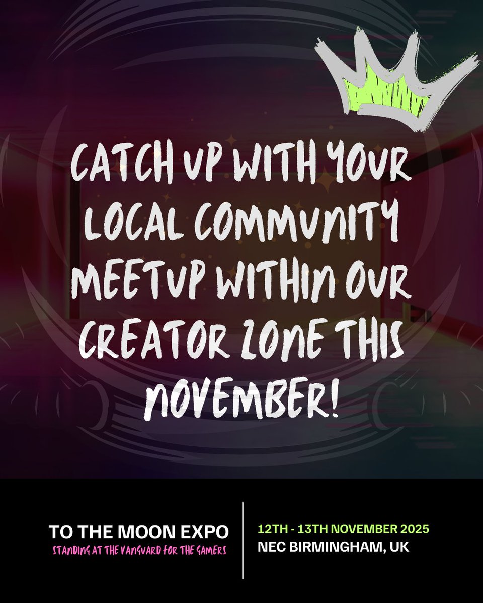 To The Moon: Games Expo 🎮 (@tothemoonexpo) on Twitter photo We are excited to announce that we are partnering up with local community MeetUps from across the UK! 
Catch up with your local Community MeetUp, Powered by Twitch within our Creator Zone this November! 💜🎮
📅12th - 13th Nov 
📍Birmingham NEC We are excited to announce that we are partnering up with local community MeetUps from across the UK! 
Catch up with your local Community MeetUp, Powered by Twitch within our Creator Zone this November! 💜🎮
📅12th - 13th Nov 
📍Birmingham NEC
