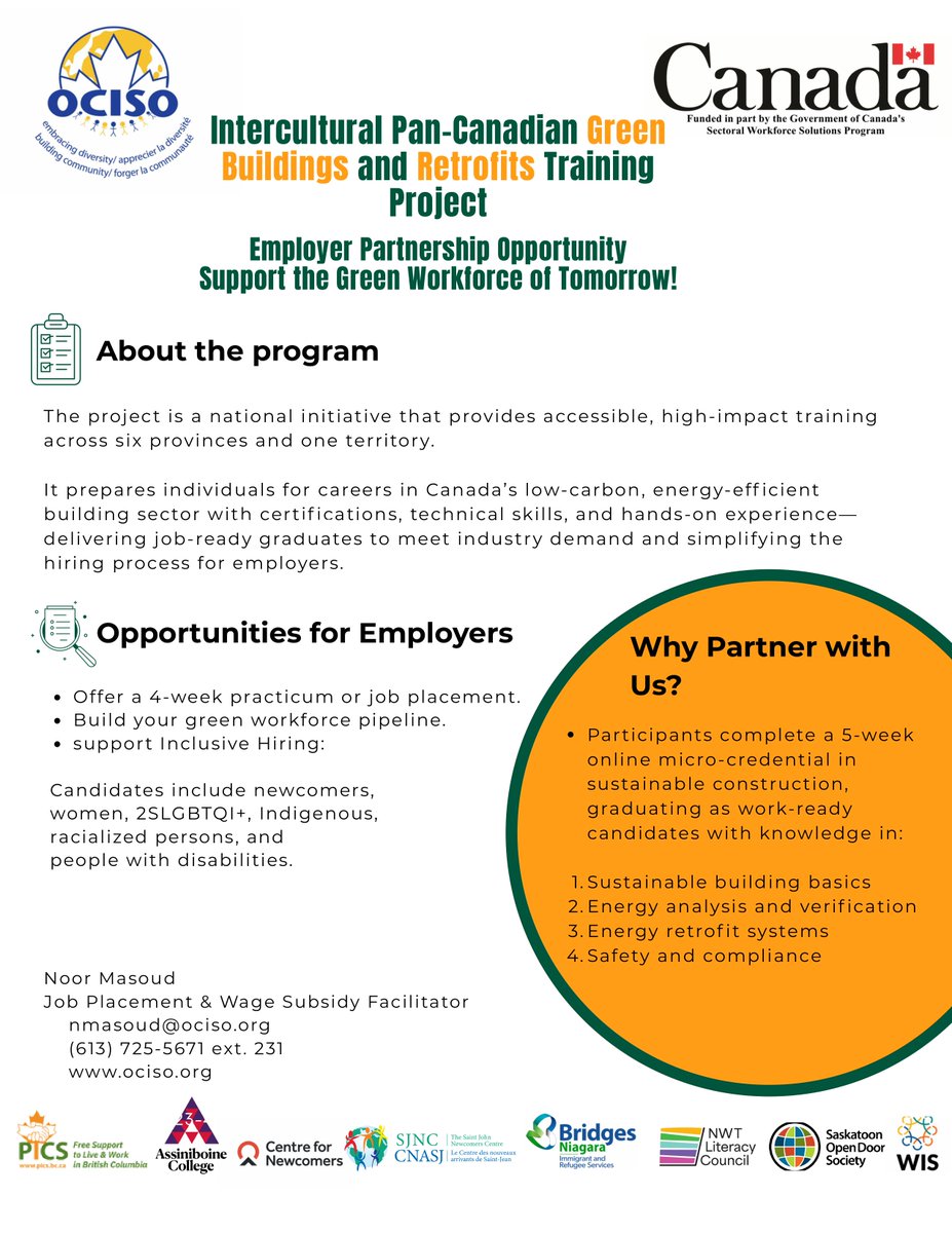 OCISO’s Green Buildings &amp; Retrofits Training Project connects employers with diverse, job-ready talent trained in:
✅ Sustainable building practices
✅ Energy analysis &amp; retrofits
✅ Safety &amp; compliance

Grow your workforce &amp; support Canada’s low-carbon future. Connect today!