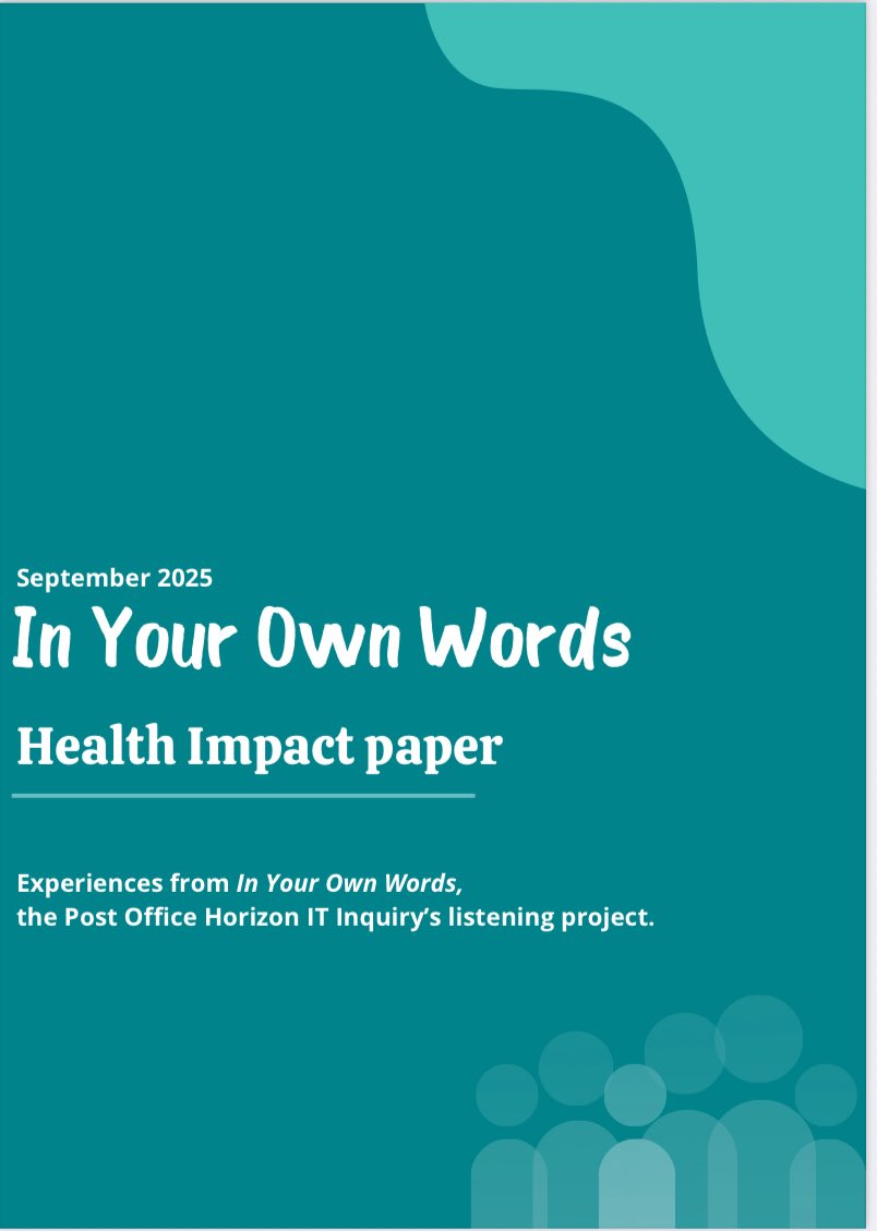 Christopher Head OBE (@chrish9070) on Twitter photo #PostOfficeScandal Today the <a href="/PostOffInquiry/">Post Office Horizon IT Inquiry</a> has published the next paper as part of the #InYourOwnWords listening project.
This latest paper focuses on the impact the scandal had on people’s physical and mental health.
Let’s not forget that impact is ongoing because of the #PostOfficeScandal Today the <a href="/PostOffInquiry/">Post Office Horizon IT Inquiry</a> has published the next paper as part of the #InYourOwnWords listening project.
This latest paper focuses on the impact the scandal had on people’s physical and mental health.
Let’s not forget that impact is ongoing because of the