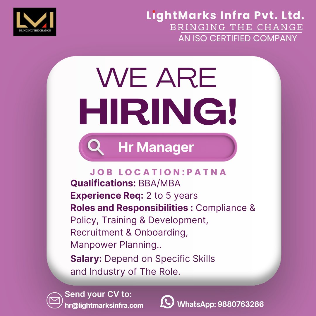 LightMarksInfra's tweet photo. 📢We are Hiring ❗❗
Grab Your Opportunity Now⭐
Eligible candidates can email their resumes to
hr@lightmarksinfra.com
or WhatsApp at +91-9880763286
.
.
#lightmarks #hiring #hr #hrmanager #jobopportunities #hiringnow #jobsearch #manpower https://t.co/qmd7sM13yw